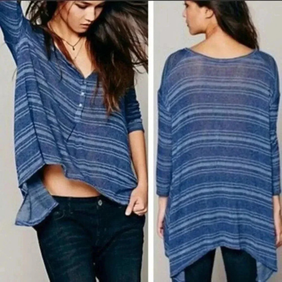 Free People We the Free Blue Slinky Hacci Henley Semi Sheer Long Sleeve Top XS - Picture 1 of 4